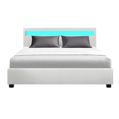 Artiss Bed Frame Queen Size LED Gas Lift White COLE