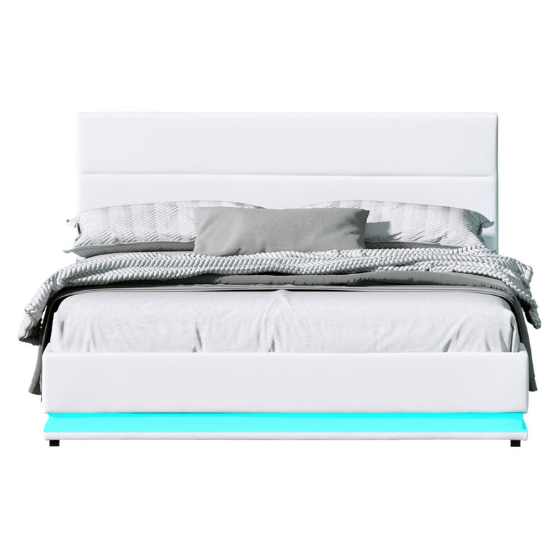 Artiss Bed Frame Queen Size LED Gas Lift White LUMI