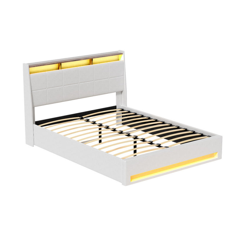 Artiss Bed Frame Gas Lift LED Beds Base Platform White PVC Leather Storage Headboard - Queen