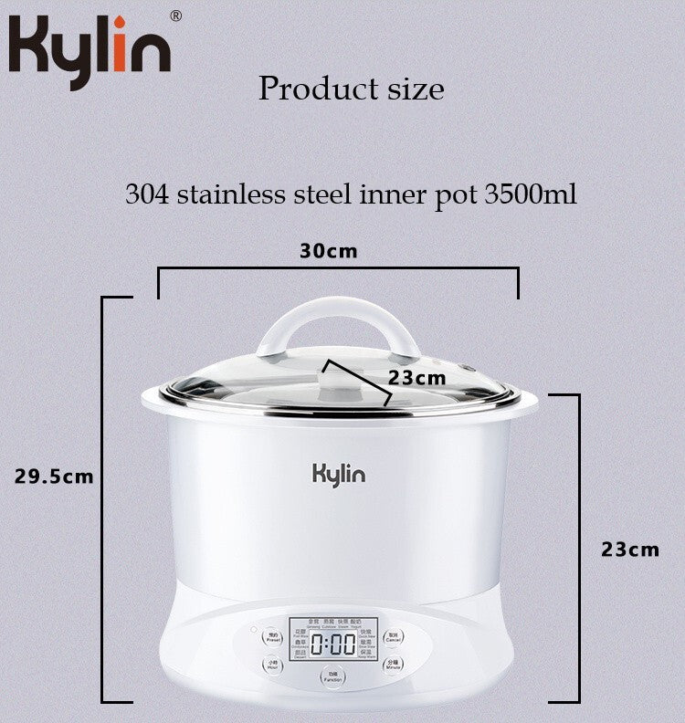 Kylin Electric Slow Cooker Stainless Steel Ceramic Pot Steamer 2.2L With 3 Containers