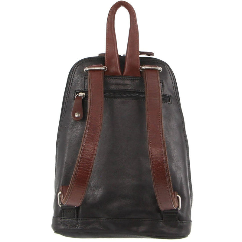 Milleni Ladies Genuine Italian Leather Backpack Bag Twin Zip - Black/Chestnut