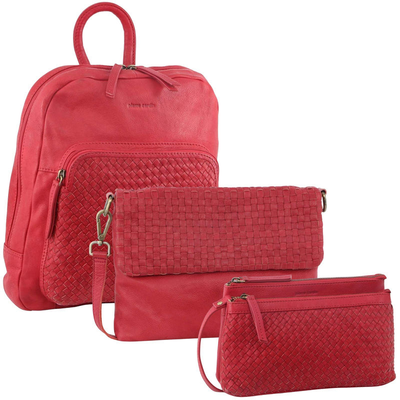 3PC Set Pierre Cardin Womens Woven Leather Cross-Body Bags + Backpack - Red