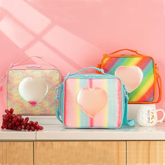 Blue Sparkling Rainbow Heart Insulated Lunch Bag for Kids - Portable School Lunch Box with Shoulder Strap