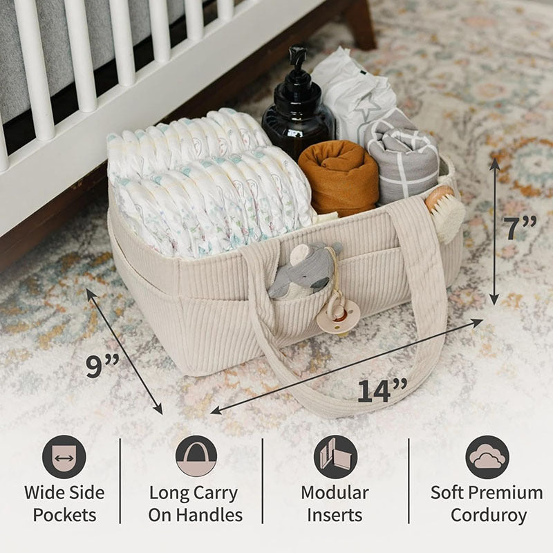 Premium Corduroy Diaper Caddy Organizer - Portable Nursery Storage Bin with Modular Inserts & Long Handles(beige)