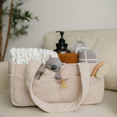 Premium Corduroy Diaper Caddy Organizer - Portable Nursery Storage Bin with Modular Inserts & Long Handles(beige)