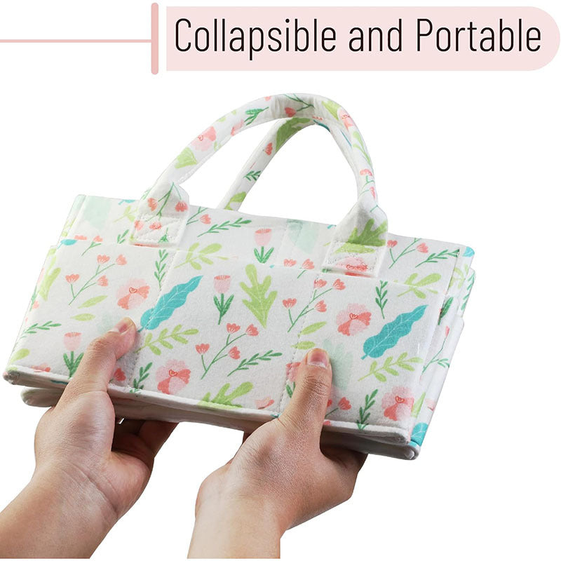Portable Felt Diaper Caddy Organizer - Collapsible Nursery Storage Bin with 8 Outer Pockets (Beige)