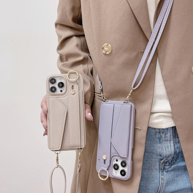 Beige Chic PU Leather Crossbody Wallet Case for iPhone 16 - Card Holder with Detachable Strap & Finger Ring Grip